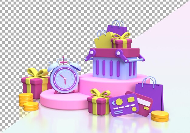 Banner de compras com carrinho de presentes e ilustração de sacos para fundo de conceito de ideia de negócio3drender