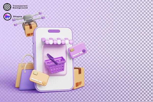 Banner de compras on-line 3D conceito de serviço de pagamento e entrega móvel Smartphone com cesta de compras bolsa de cartão de crédito toldo Render e-commerce negócio drone correio entregar caixa