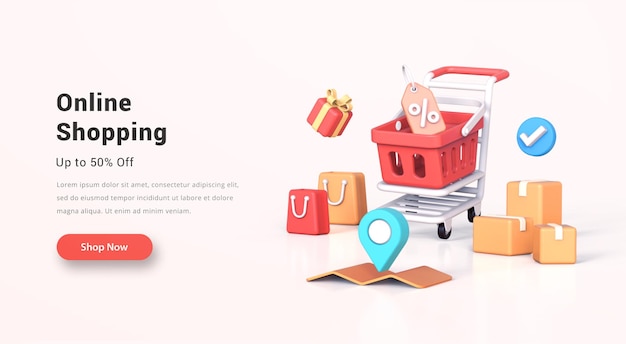 PSD banner de compras on-line com mapa realista de caixas de sacolas de compras de carrinho de compras 3d e etiqueta de preço