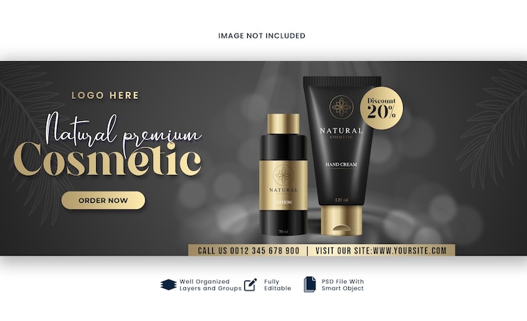 PSD banner de desconto de cosméticos naturais para cuidados com a pele cover do facebook