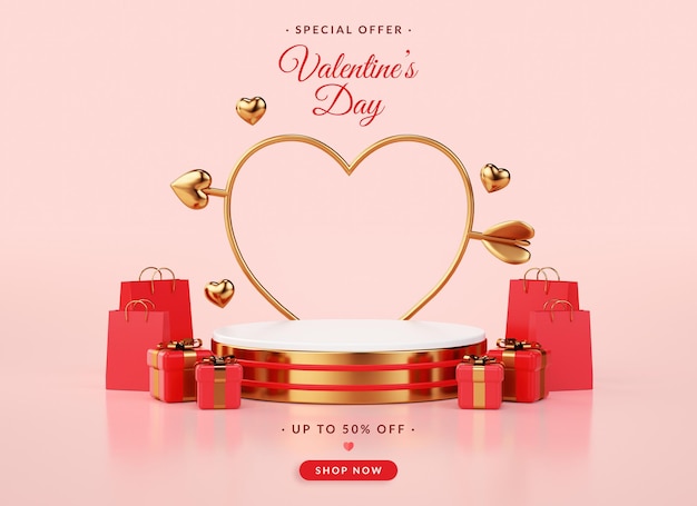 Banner de desconto de venda de dia dos namorados com plataforma de pedestal vermelho e dourado para marketing em renderização 3d