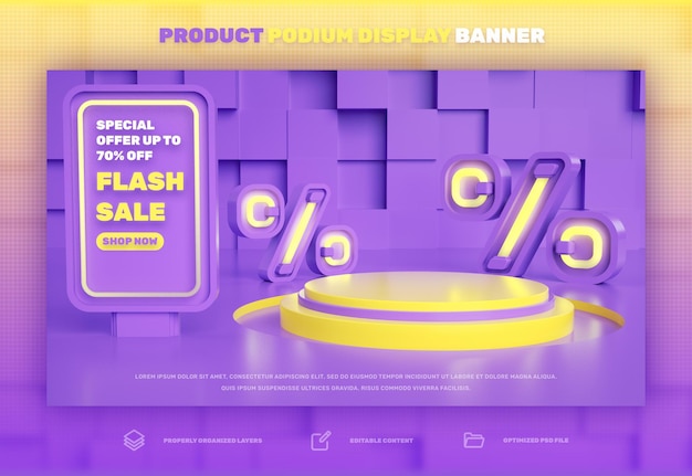 PSD banner de exibição de produto com desconto em pódio 3d para venda especial de venda flash e campanha de super mega venda