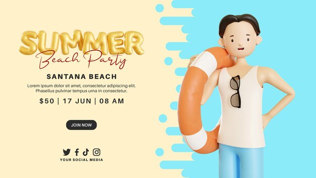 Banner de festa na praia de verão com personagem 3D carregando uma bóia salva-vidas