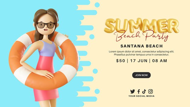 Banner de festa na praia de verão com personagem feminina em 3D carregando uma bóia salva-vidas