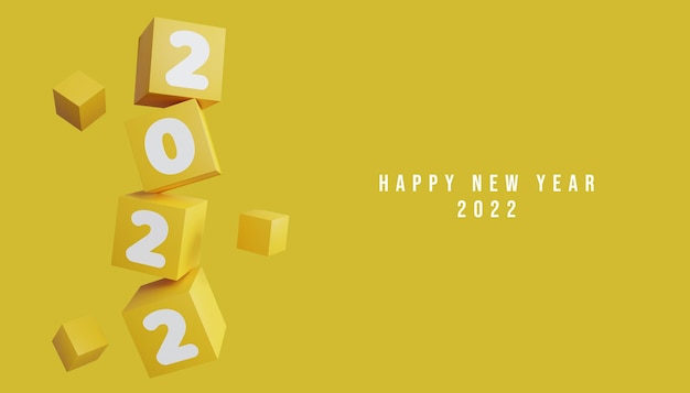 Banner de fundo 3D feliz ano novo 2022 com cubo amarelo