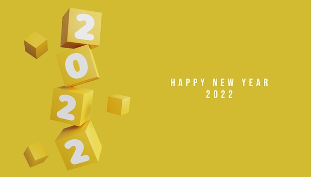 Banner de fundo 3d feliz ano novo 2022 com cubo amarelo