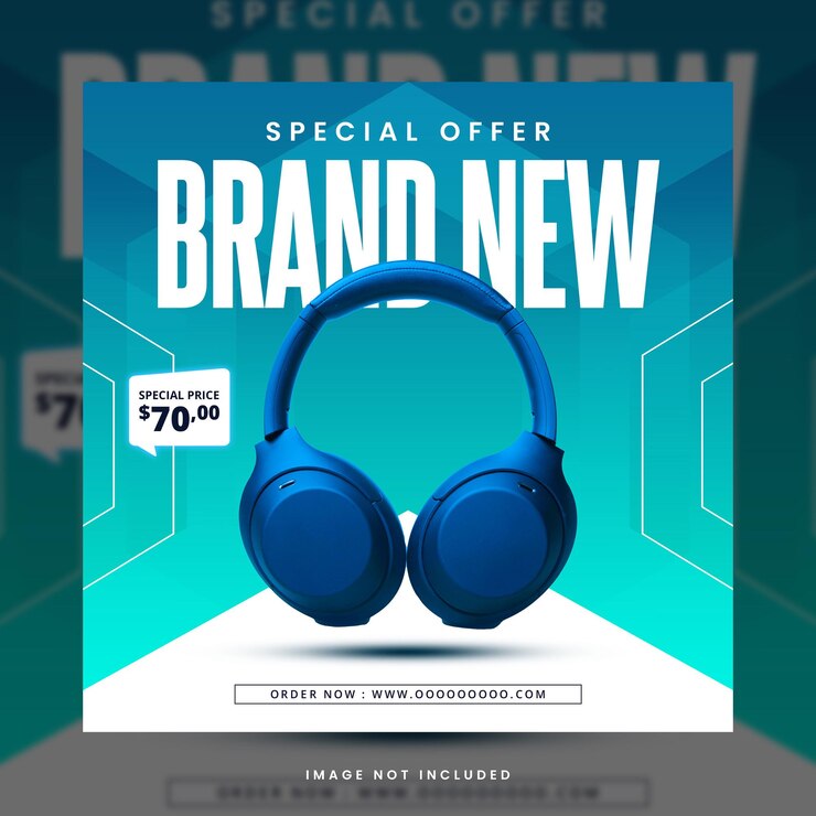 Banner de instagram de mídia social de produto de marca de fone de ouvido de cor azul