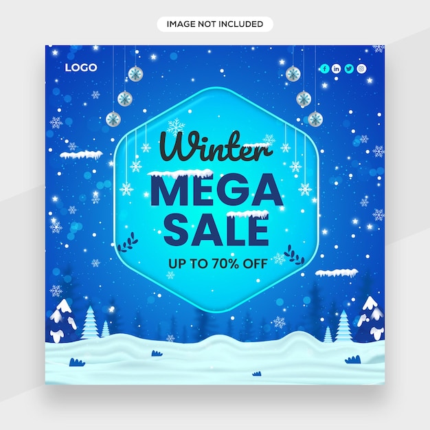 Banner de inverno, modelo de banner de venda com tipografia com elementos de inverno
