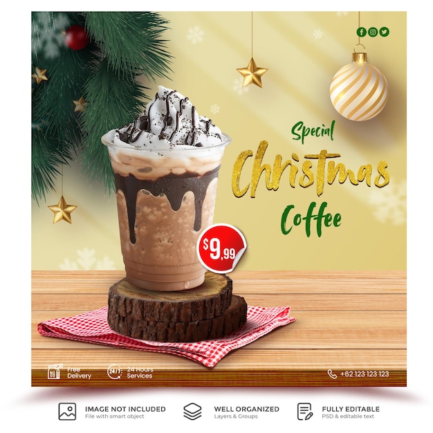 Banner de menu de bebida de natal ou modelo de promoção de mídia social de folheto