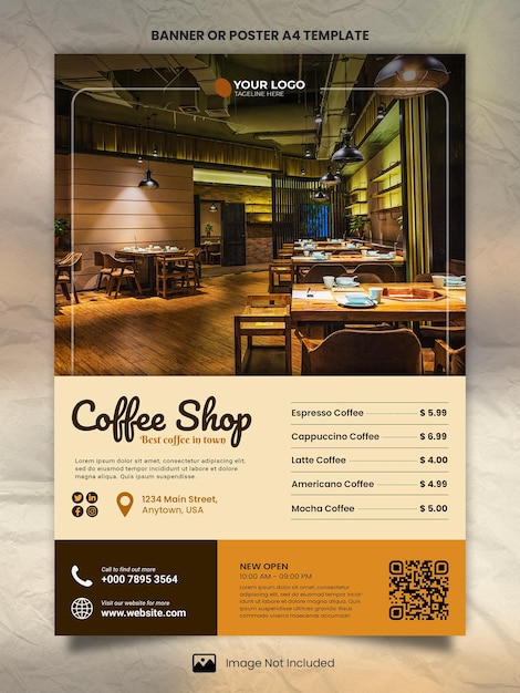 Banner de menu de cafeteria ou modelo A4 de pôster
