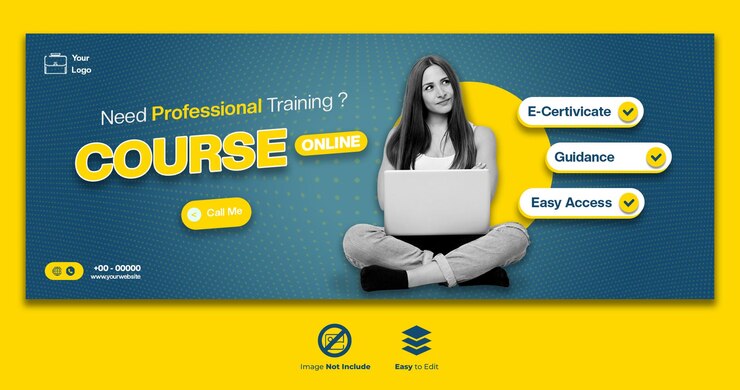 PSD banner de mídia social com projeto de modelo on-line de curso de promoção