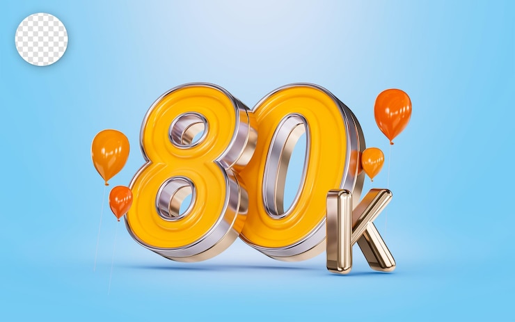PSD banner de mídia social de celebração de 80 mil seguidores com conceito de renderização 3d de fundo azul de balão laranja