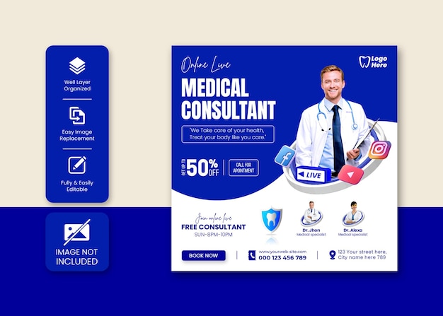 Banner de mídia social de consultor de saúde médica ou modelo de postagem do Instagram