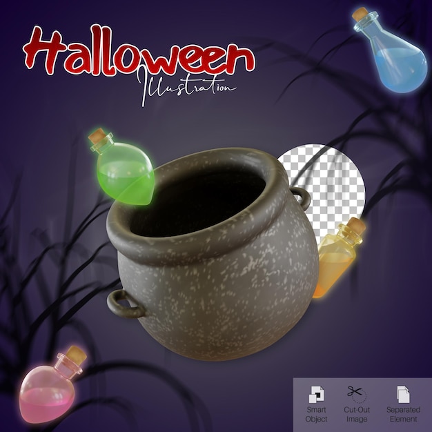 Banner de mídia social de halloween com caldeirão e garrafa de poção
