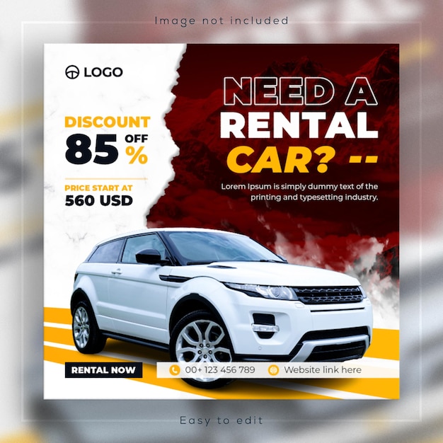 Banner de mídia social de promoção de carro de aluguel e design de postagem de anúncio de modelo de comércio eletrônico do produto Instagram.
