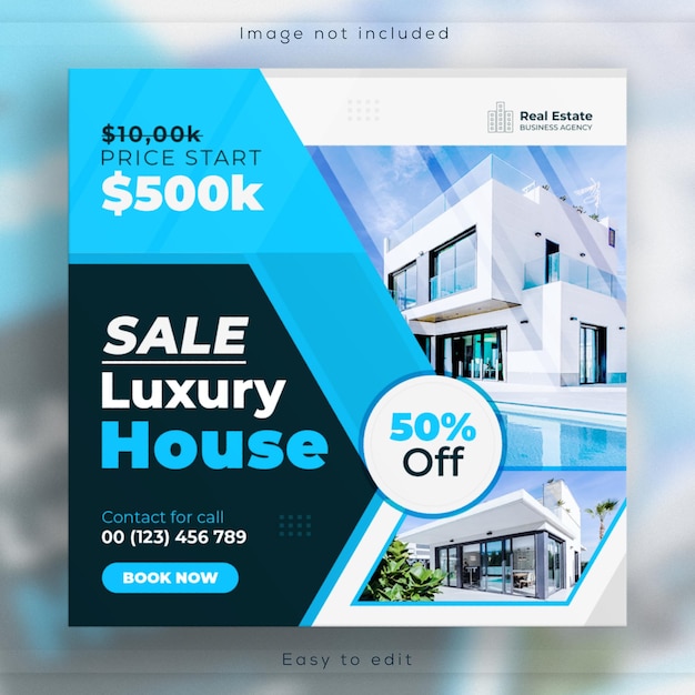 Banner de mídia social de venda de propriedade de casa imobiliária e design moderno de modelo de postagem do instagram em casa
