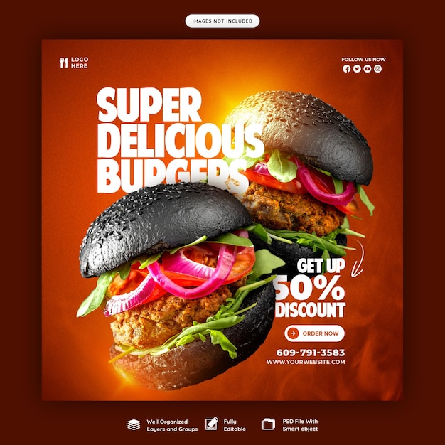 Banner de mídia social delicioso de hambúrguer e menu de comida ou modelo de postagem do instagram