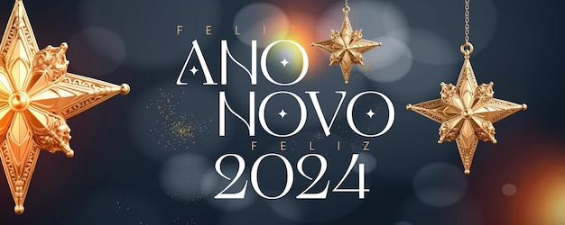 Banner de mídia social feliz feliz ano novo 2024 fundo preto