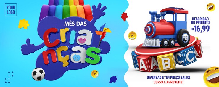 PSD banner de mídia social mês das crianças diversão e preço baixo