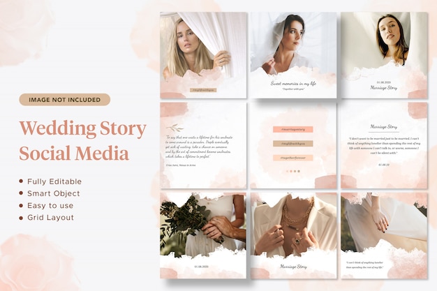 Banner de mídia social minimalista rosa aquarela história de casamento