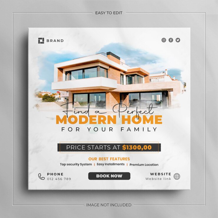 Banner de mídia social para propriedade de casa imobiliária e design de modelo de postagem quadrada do Instagram.
