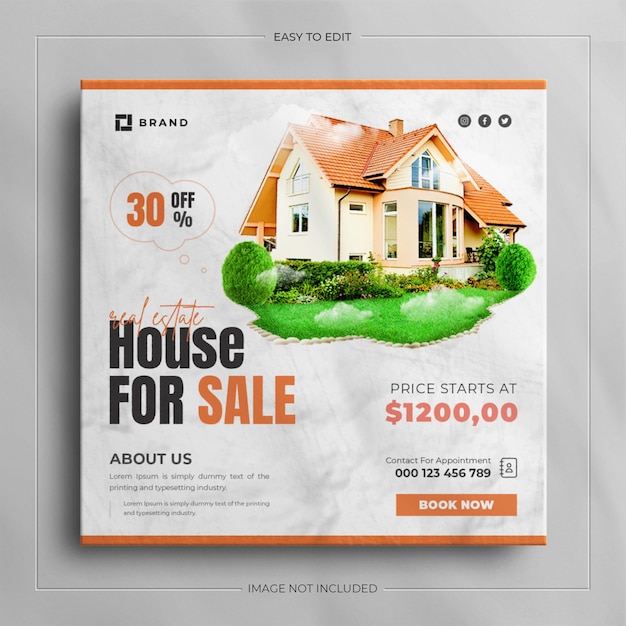 Banner de mídia social para propriedade de casa imobiliária e design de modelo de postagem quadrada do instagram.
