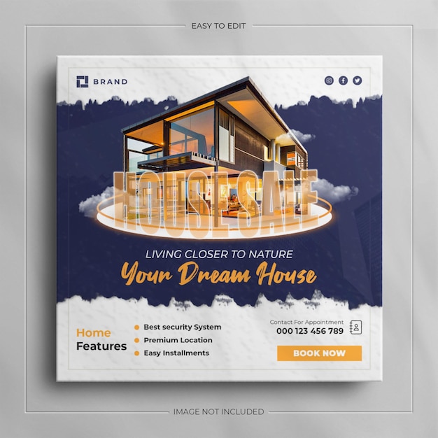 Banner de mídia social para propriedade de casa imobiliária e design de modelo de postagem quadrada do instagram.