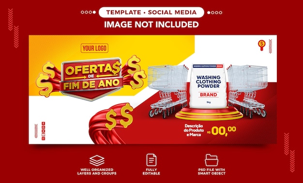 PSD banner de mídia social promoções de ano novo para supermercados no brasil