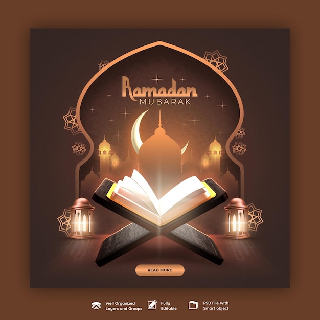 Banner de mídia social religiosa tradicional do festival islâmico Ramadan Kareem ou modelo de postagem do Instagram
