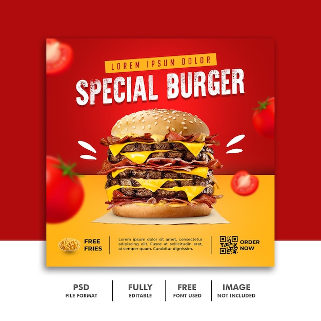 Banner de modelo de postagem em mídia social para hambúrguer com menu de fastfood
