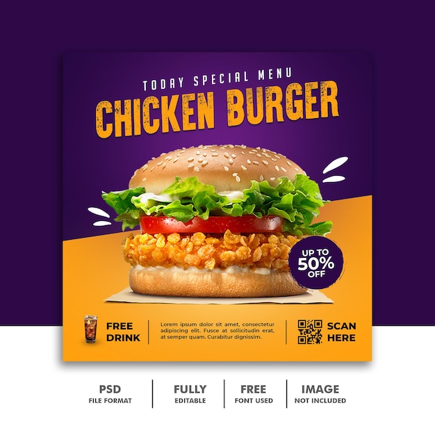 Banner de modelo de postagem em mídia social para hambúrguer com menu de fastfood