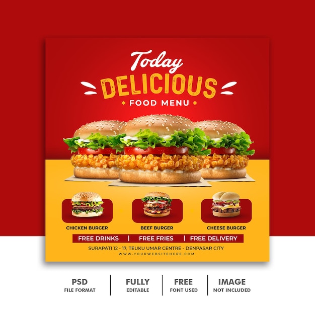 Banner de modelo de postagem em mídia social para hambúrguer com menu de fastfood