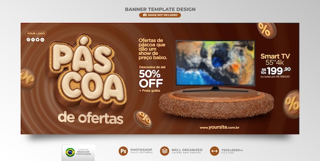 Banner de páscoa de ofertas em render 3d português para campanha de marketing no brasil