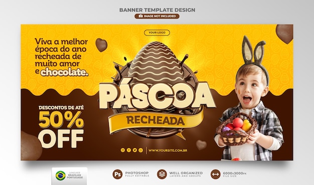 Banner de páscoa recheado em renderização 3d portuguesa para campanha de oferta no brasil