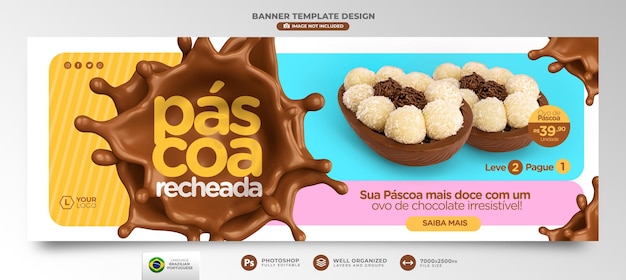 PSD banner de páscoa repleto de ofertas em renderização 3d em português para campanha de marketing no brasil