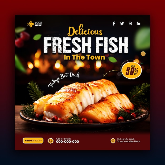 Banner de peixe de mar fresco saudável e delicioso para posts nas redes sociais gerado pela ia