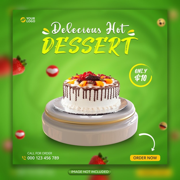 Banner de postagem de mídia social 3d de bolo de sobremesa