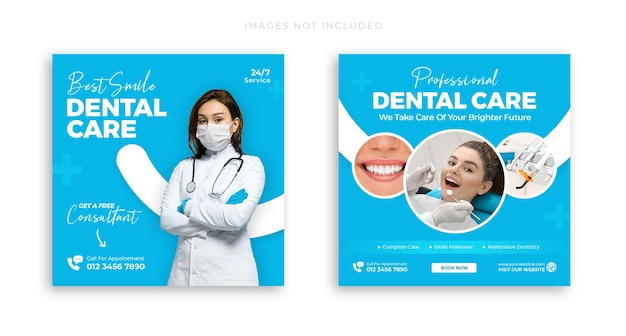 PSD banner de postagem de mídia social de dentista e assistência médica e modelo de folheto quadrado do instagram