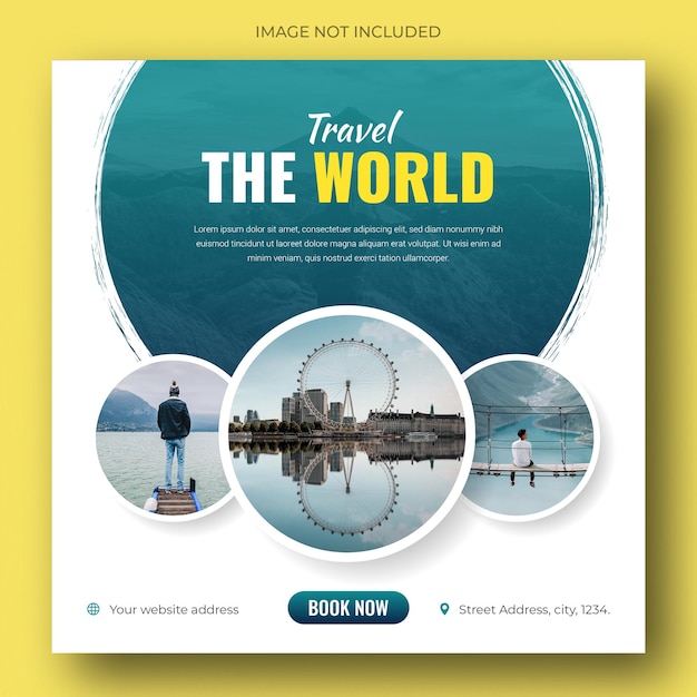 Banner de postagem de mídia social ou modelo de design de flyer quadrado para viagens, férias, férias