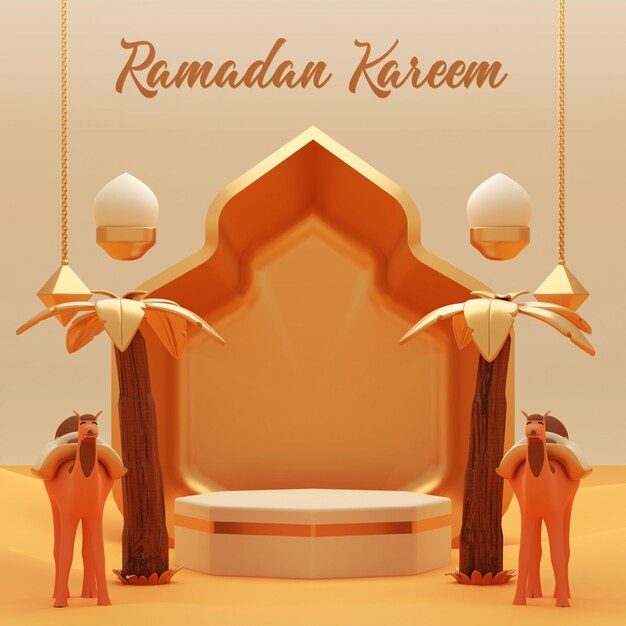 Banner de ramadan kareem de pódio de renderização 3d