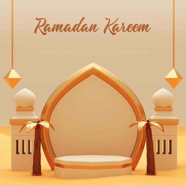 Banner de ramadan kareem de pódio de renderização 3d