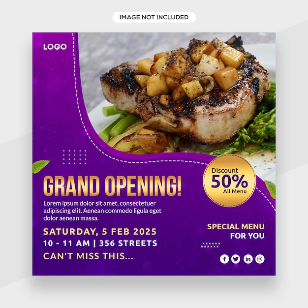 Banner de restaurante de inauguração ou promoção de mídia social e capa de postagem de banner do instagram