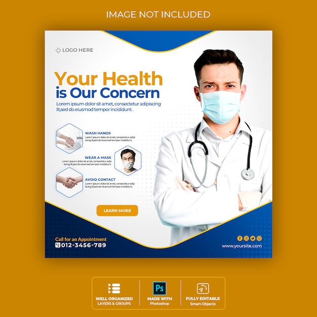Banner de saúde médico sobre coronavírus, mídia social instagram post banner