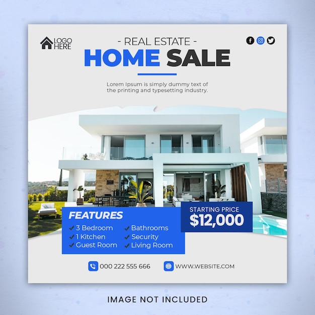 Banner de venda de casa imobiliária PSD ou modelo de postagem de mídia social