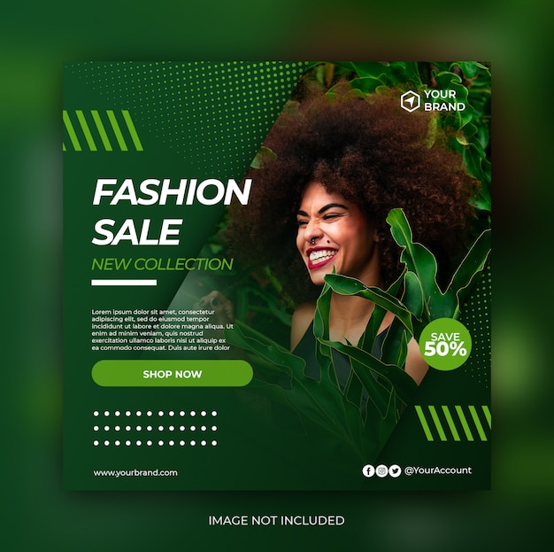 PSD banner de venda de moda verde ou folheto quadrado para mídia social postar modelo