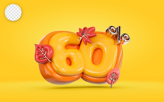 Banner de venda de outono 60 por cento de desconto com folha de bordo em fundo amarelo 3d renderização
