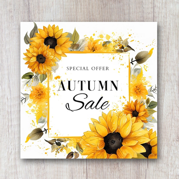 PSD banner de venda de outono com design criativo de girassóis em aquarela
