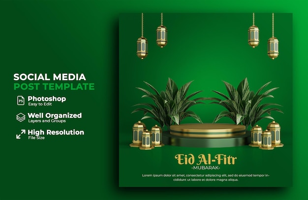 Banner de venda Eid al fitr com pódio e ornamento islâmico para mídia social post renderização em 3d