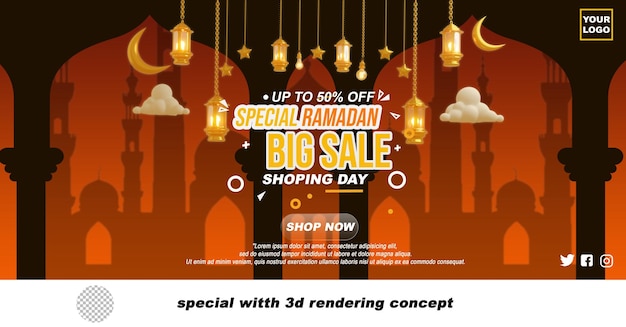 Banner de venda especial do ramadã com renderização 3d de lanterna psd premium