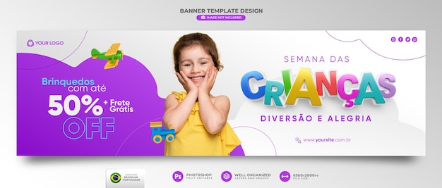 Banner der kinderwoche in 3d-render für marketingkampagne in brasilien auf portugiesisch